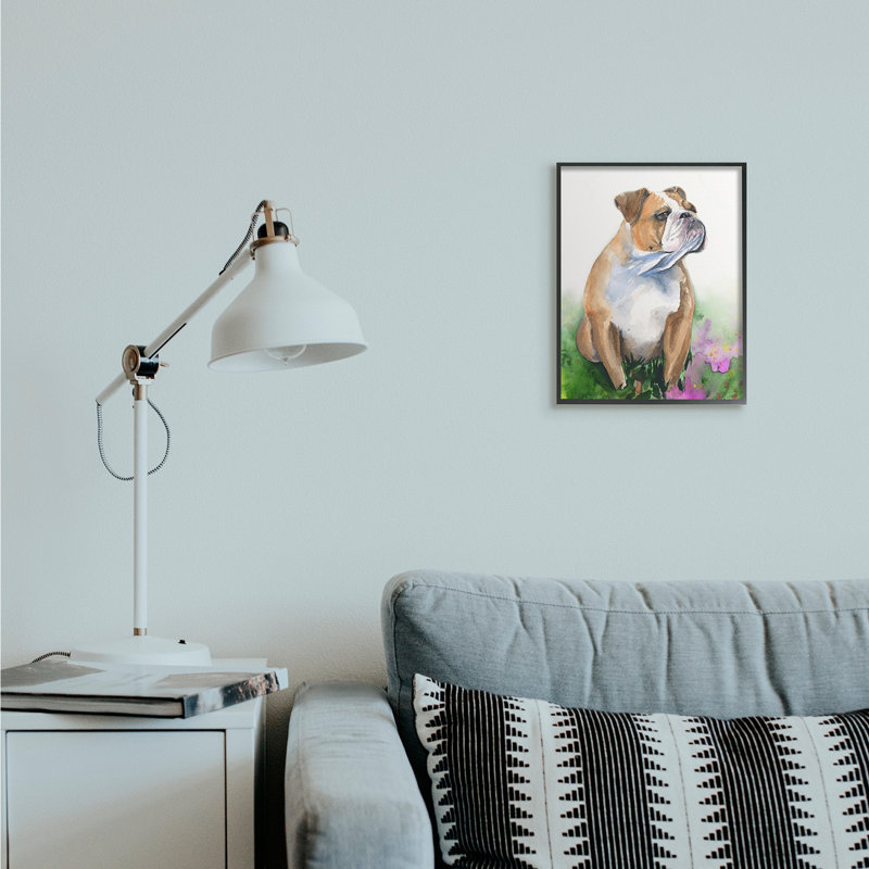 Bouledogue anglais, fleurs d'herbe, aquarelle douce, H 14 po x l 11 po, Giclée encadrée noir minuit