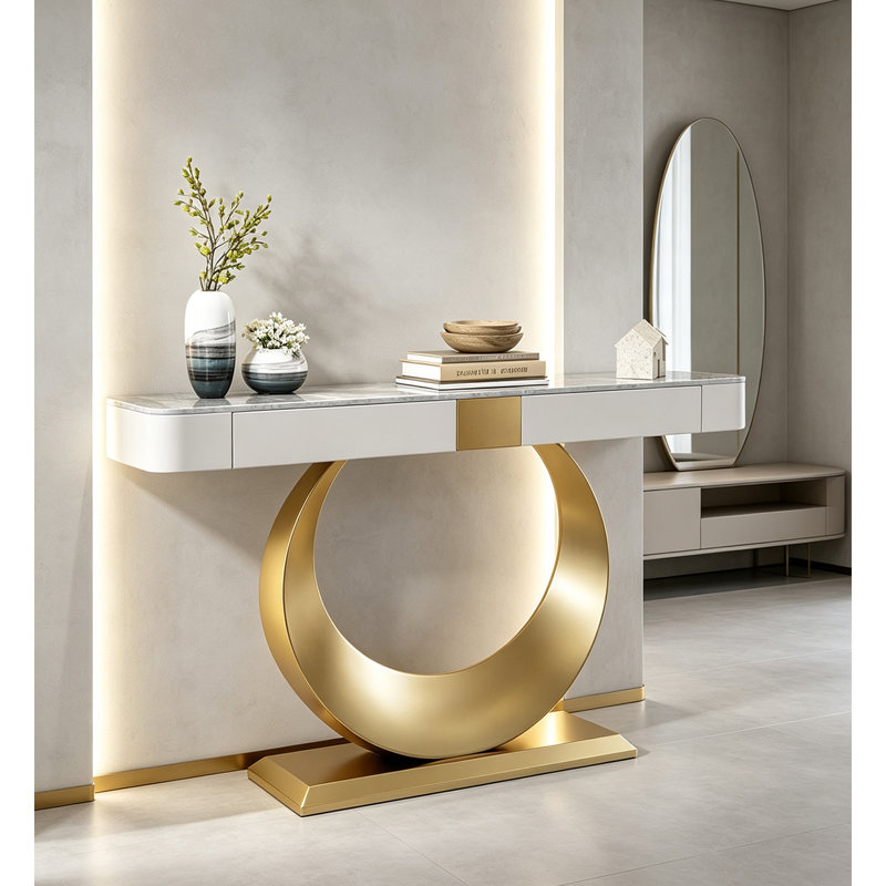 Grande table d'entrée avec canapé en fritté et base en métal foncé, 36.22" H x 55.12" W x 13.78" D, Doré