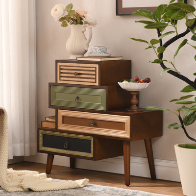 Red Barrel Studio® Fienley Staggered 4-Drawer Cabinet With Artistic Mixed Materials, Vintage Handles, And Compact Design