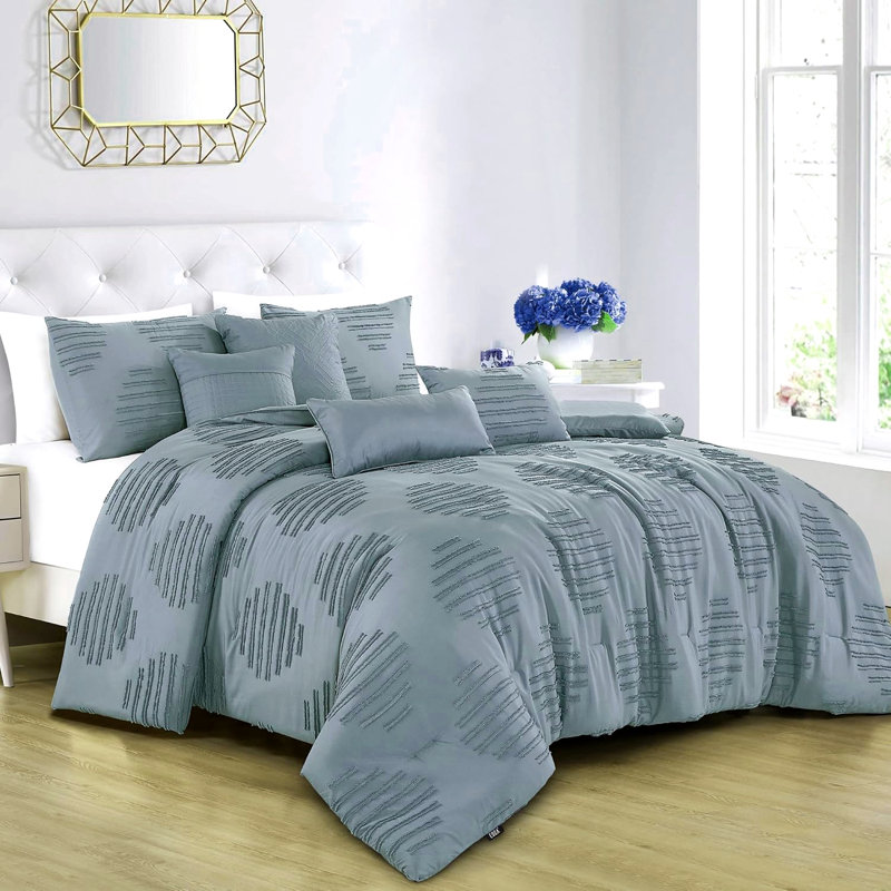 Ensemble d'édredon 7 pièces bleu sarcelle à motif géométrique, Édredon très grand et 6 pièces supplémentaires