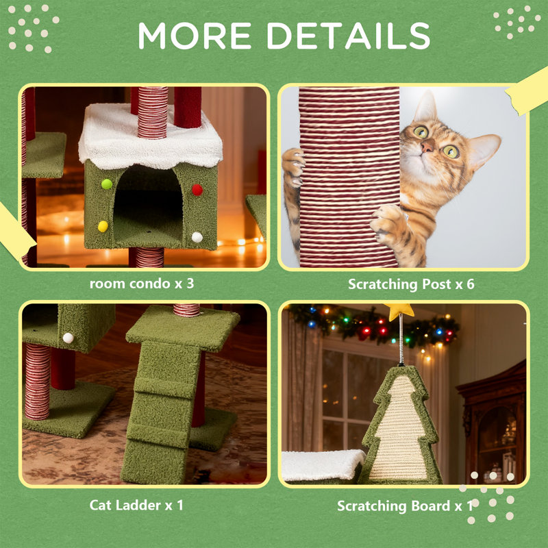 Très grand tour d'arbre à chat de Noël festif de 70 pouces et plus - Aire de jeu à plusieurs niveaux avec poteaux à griffer et cachettes douillettes, cadeau parfait pour les amoureux des chats