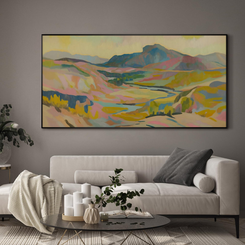 Extra Large Wall Art Fabric Print - Colorful Abstract Mountain Valley Landscape Artwork Decor for Living Room or Bedroom - "Frame Assembly Required (Unfinished Frame)"