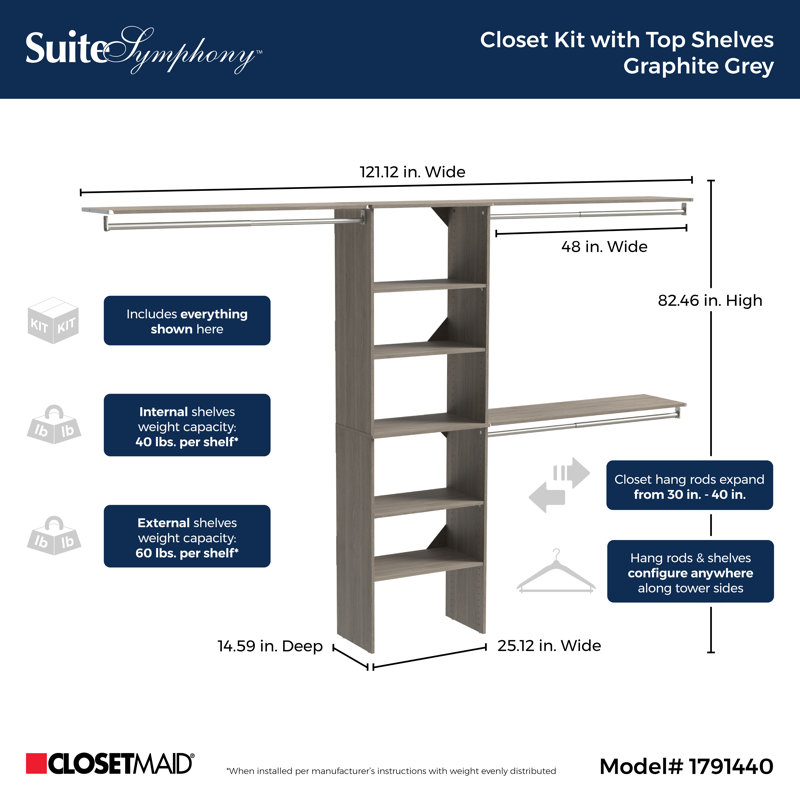 Système d'organisation avec tablettes supérieures l 84 po à l 120 po SuiteSymphony, Gris graphite