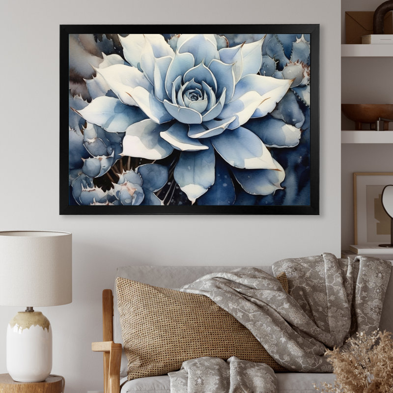 «Blue Blue Cactus Minimal Collage I» sur toile, H 30 po x l 40 po x P 1,5 po, Cadre simple noir
