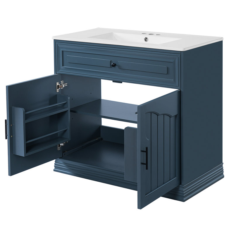 Meuble-lavabo de luxe 36 po avec lavabo rectangulaire en céramique, armoire à deux portes, tablettes réglables à plusieurs trous, mécanisme de fermeture en douceur, finition brillante, idéal pour le rangement