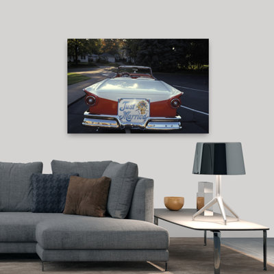 1950S Just Married Sign On Back Of Ford Convertible Car Retro Vintage Tree Architecture Wall Art