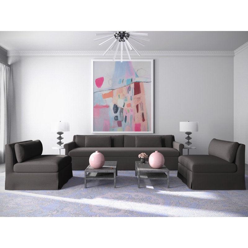 Ludlow Rolled-Arm Skirted Loveseat, Plush Velvet Blue Print, 34" H x 72" W x 38" D, Dark Brown