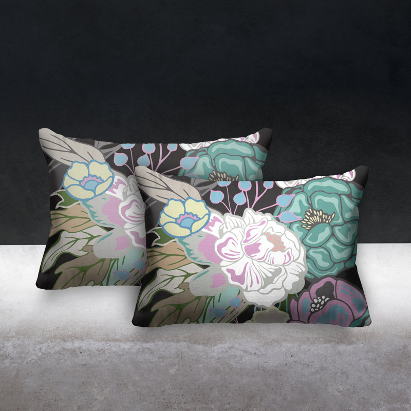 Nouvel Floral Indoor/Outdoor Lumbar Pillow, Black
