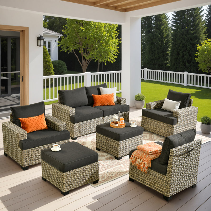 7 Piece Sofa Seating Group With Cushions, Black