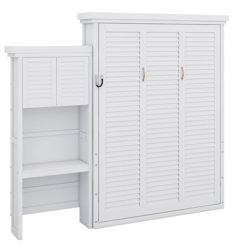 Grand lit escamotable en bois avec tablettes, conception classique à persiennes, Blanc