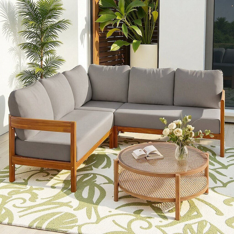 Acacia Solid Wood Patio Furniture Set, Outdoor L-Shaped Corner Sofa with 6 Soft Cushions, Rounded Arc Frame Design, All-Weather Conversation Set for Backyard, Garden, or Deck