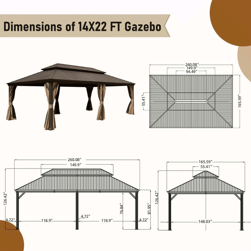 14X22ft Hardtop Gazebo, Outdoor Gazebo With Galvanized Steel Double Roof, Aluminum Frame, Built-In Gutter System, Curtain And Netting, Metal Gazebo Pavilion For Patio Deck Garden