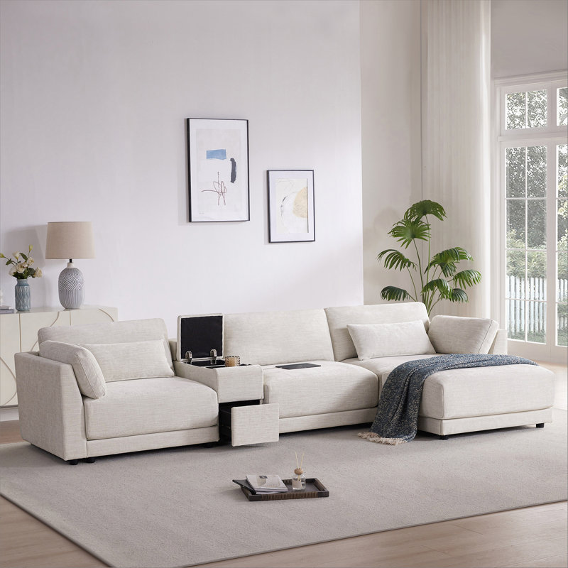 Canapé modulaire en forme de L de 124 po avec console de rangement multifonctionnelle, chargeur câblé et sans fil, repose-pieds mobile, coussin plus large et plus épais, combinaison libre pour le salon et l’appartement, chenille