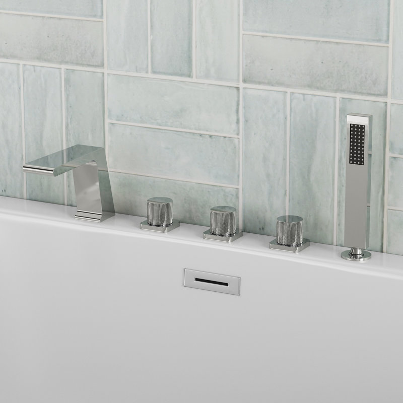 3 Handle Deck Mount Waterfall Roman Tub Faucet with Diverter & Handheld Shower, Chrome