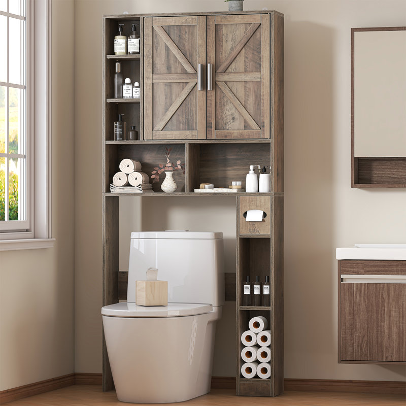 Over The Toilet Storage Cabinet with 2 Barn Doors and 10 Storage Shelves, Bathroom Organizer with Adjustable Shelves, Tissue Holder and Racks, Farmhouse Storage Cabinet for Laundry,White