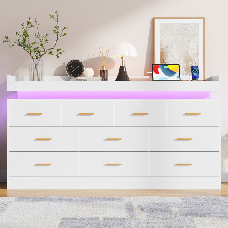 10 Drawer 63" W Dresser With Charging Station And LED Lights, White