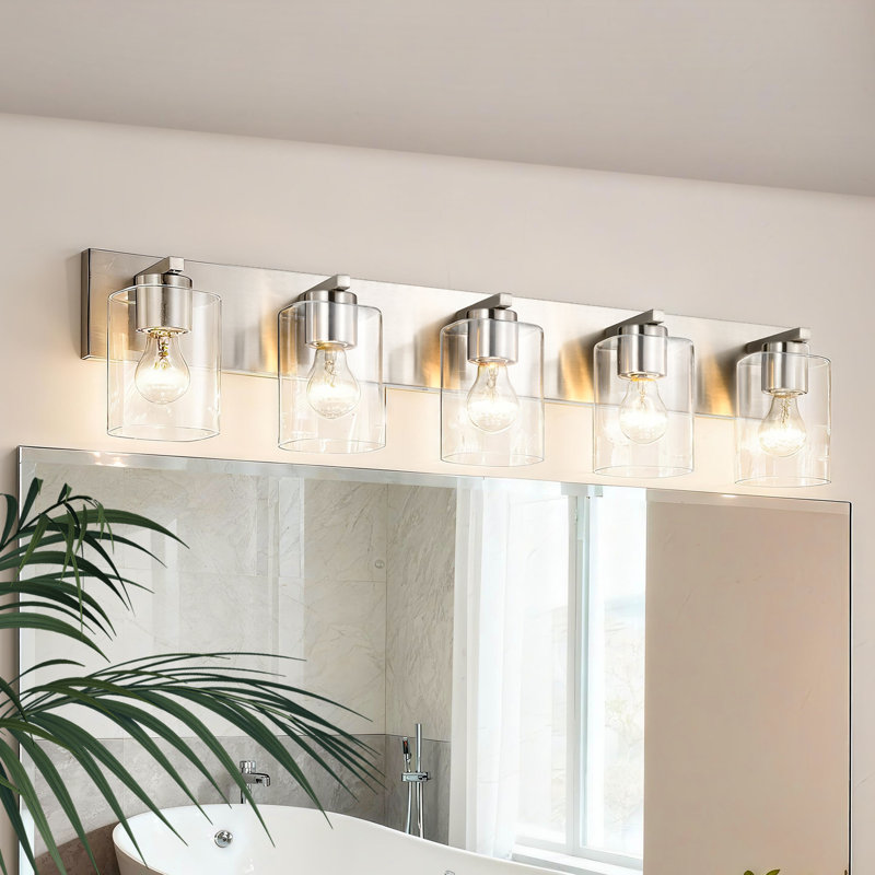 5-Light 32 in. Brushed Nickel Vanity Light with Clear Square Glass Shades, Brushed Nickel, 5 Lights