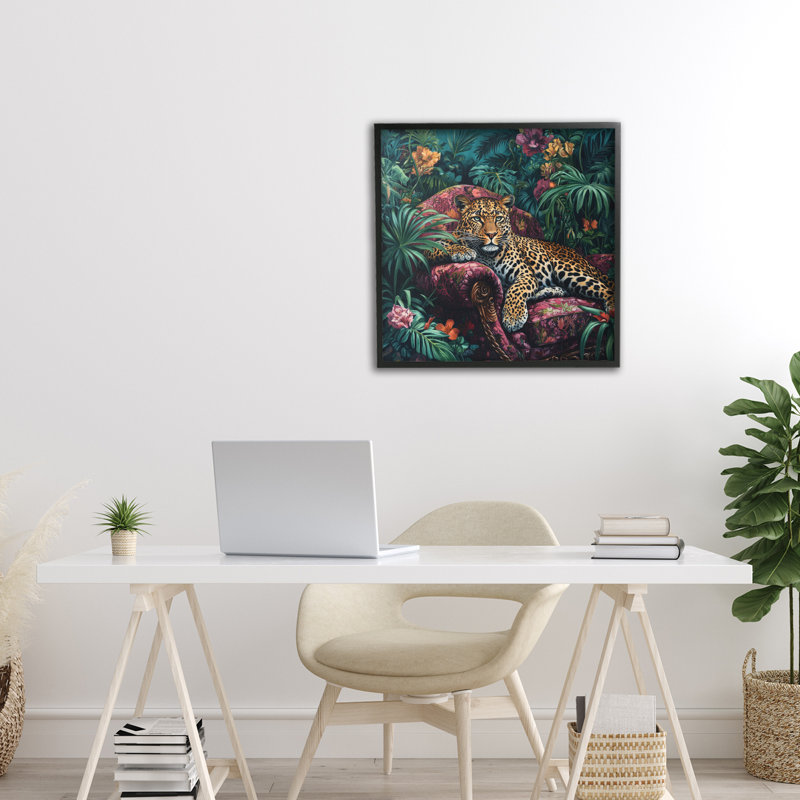 Giclée encadrée «Leopard in Jungle» par Petal Prints Design, H 17 po x l 17 po, Giclée encadrée noir minuit