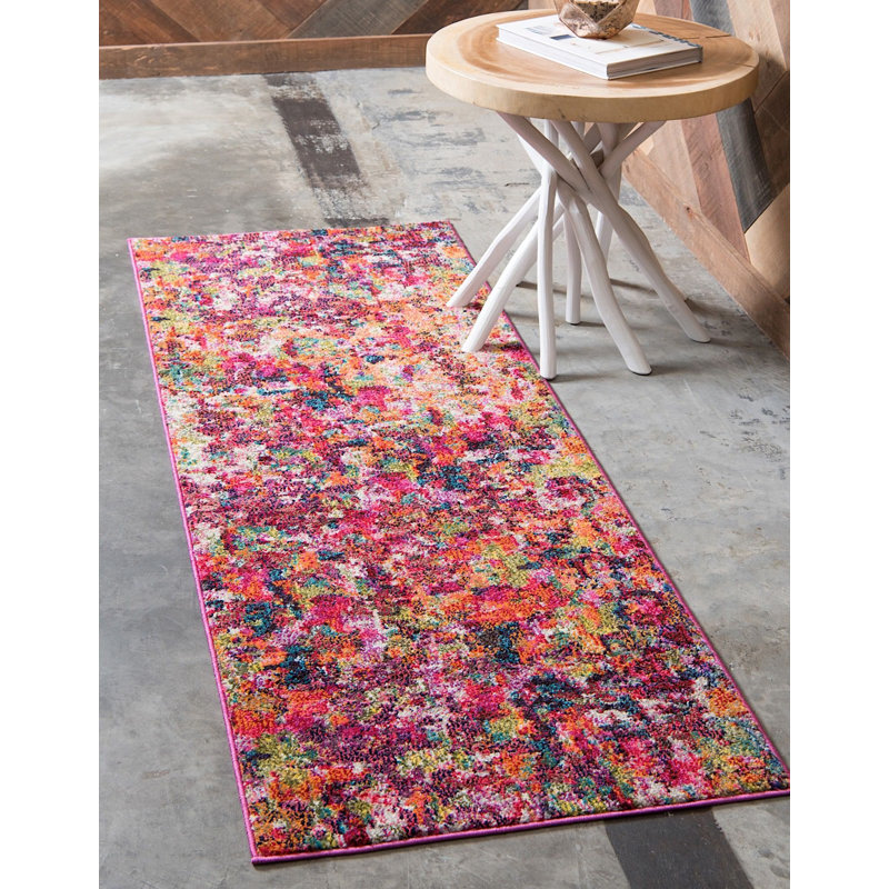 Tapis rouge à motif géométrique, Tapis de couloir 2 pi 7 po x 10 pi
