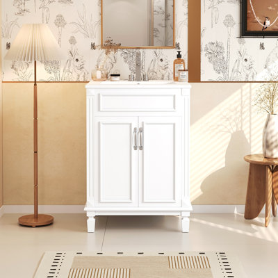Meuble-lavabo 24 po avec lavabo supérieur, armoire de rangement moderne avec 2 portes à fermeture douce et tablette réglable, structure en bois massif