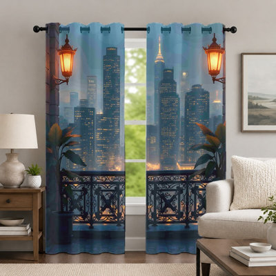 2Pcs Night Cityscape Curtains, Urban Balcony View Drapes, Modern Illuminated Skyscraper Landscape Printed Grommet Drapes, Window Treatment for Bedroom Living Room Decor
