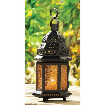 Grande lanterne marocaine en verre jaune | Lampe bougie Amber Boho