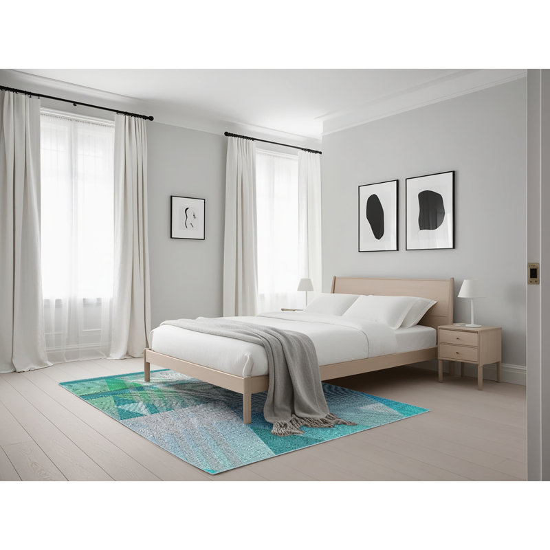 Tapis vert/blanc bleu turquoise à motifs Jeffcoat, Rectangle 5 pi x 7 pi