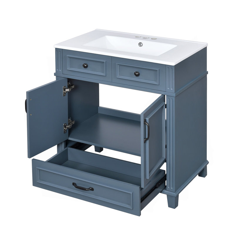 Meuble-lavabo de salle de bain 30 po avec lavabo en céramique, armoire de rangement en bois massif avec portes à fermeture douce, style rétro, bleu