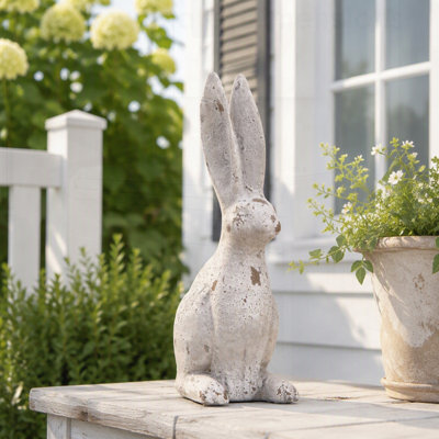 Weathered Cement Cream Rabbit Statue for Farmhouse Decor, Perfect for Mantels and Shelves, Adds Whimsical Charm to Any Room