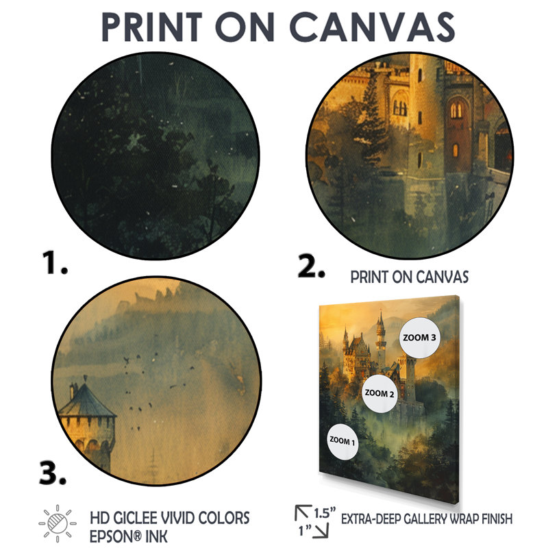 Art rétro, château de conte de fées dans le brouillard - châteaux, Toile avec cadre flottant brun, H 20 po x l 12 po x P 1 po