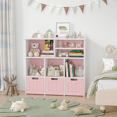 Kids Bookcase and Toy Organizer with 3 Drawers and Hidden Wheels – White/Pink Storage Cabinet for Nursery, Bedroom, or Playroom by Latitude Run