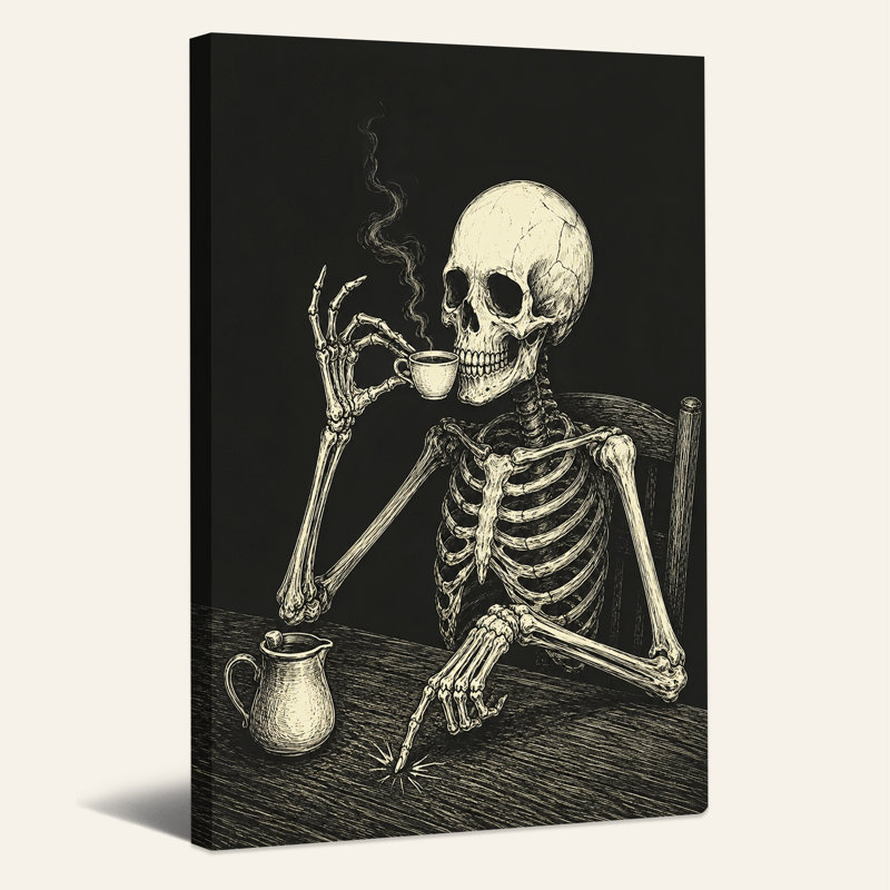 Squelette buvant une tasse de café, reproduction d'art rétro sur toile d'Halloween, H 18 po x l 12 po