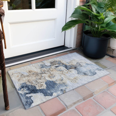 Machine Washable Indoor/Outdoor Xhevrie Denim Rug