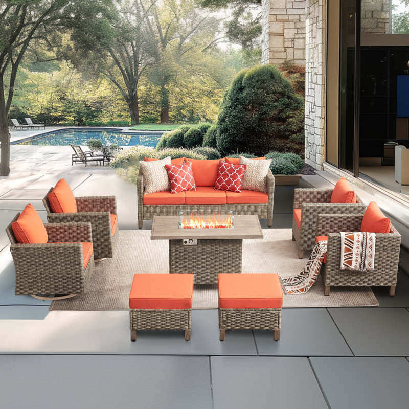 8 Piece Patio Outdoor Conversation Set With Swivel Chairs And Fire Pit Table, Orange
