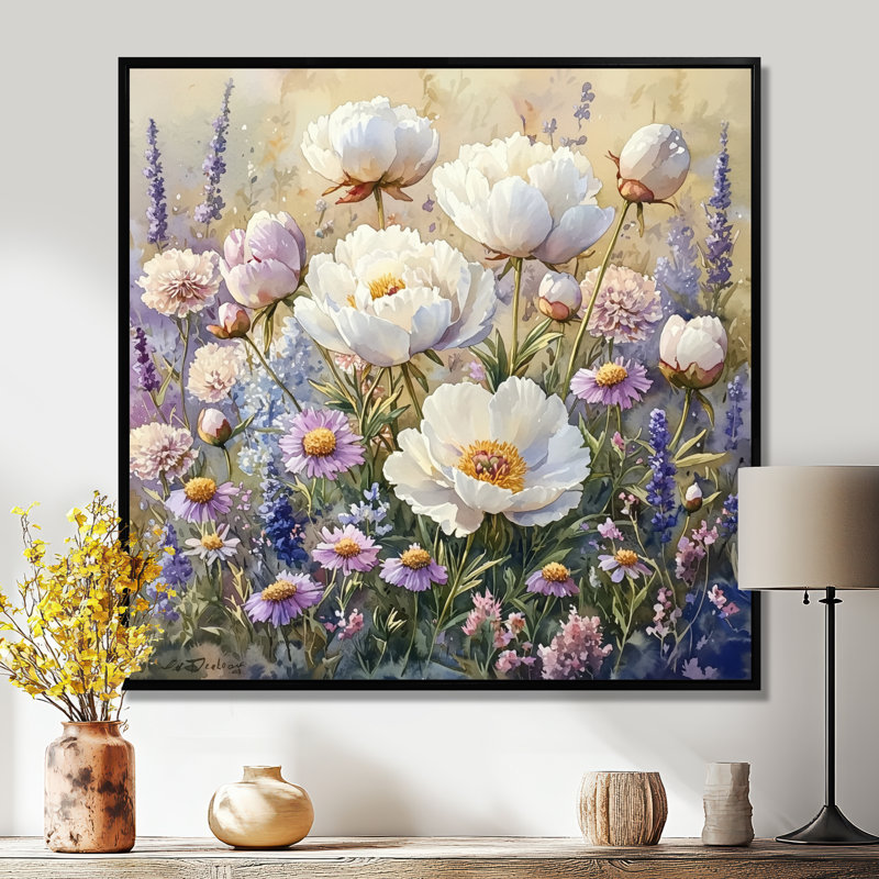 Pivoines dans le champ de fleurs sauvages I - pivoines, art mural, Impression encadrée flottante, H 30 po x l 30 po, Noir