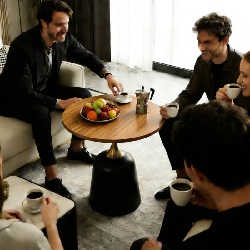 Table ronde en noyer de 23,6 pouces, base en métal, conception nordique, confortable pour diverses activités dans une chambre à coucher avec grain de bois de café, style, salon idéal