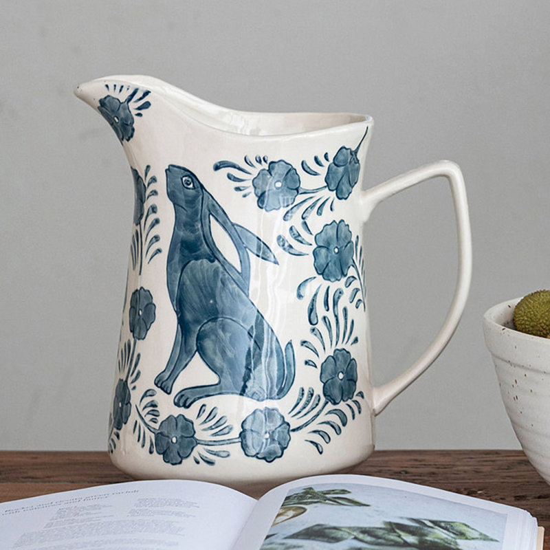 Stoneware Pitcher With Painted Rabbit And Florals
