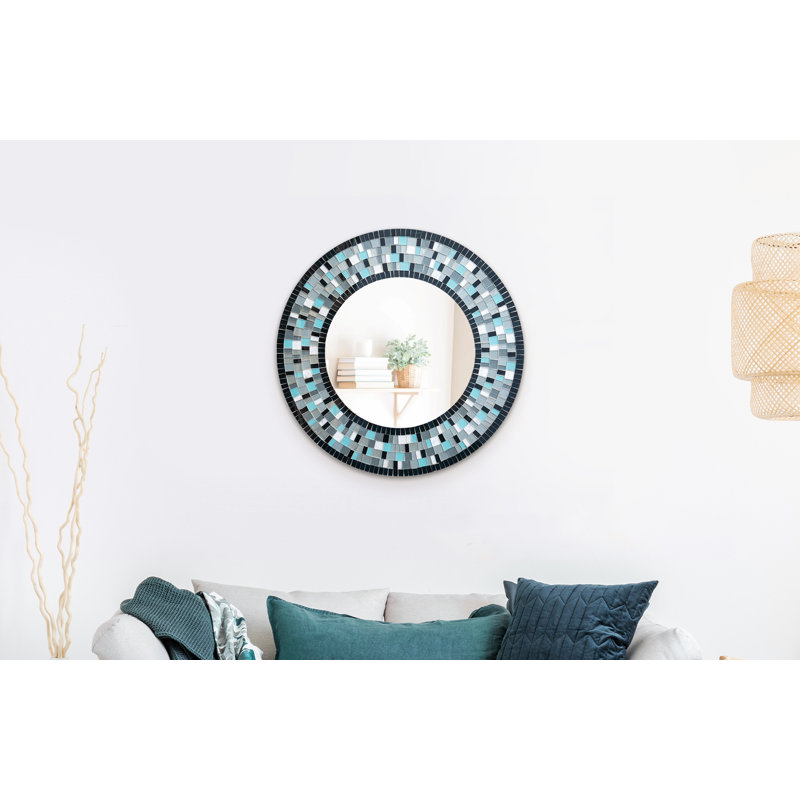 Onarga Mosaic Mirror, Wall Art Décor – Handcrafted Decorative Wall Mirror, Sky Blue, Silver, and Gray Glass Mosaic Mirror, Large 24” Round Mirror for Hallway, Bedroom, Bathroom, Living Room