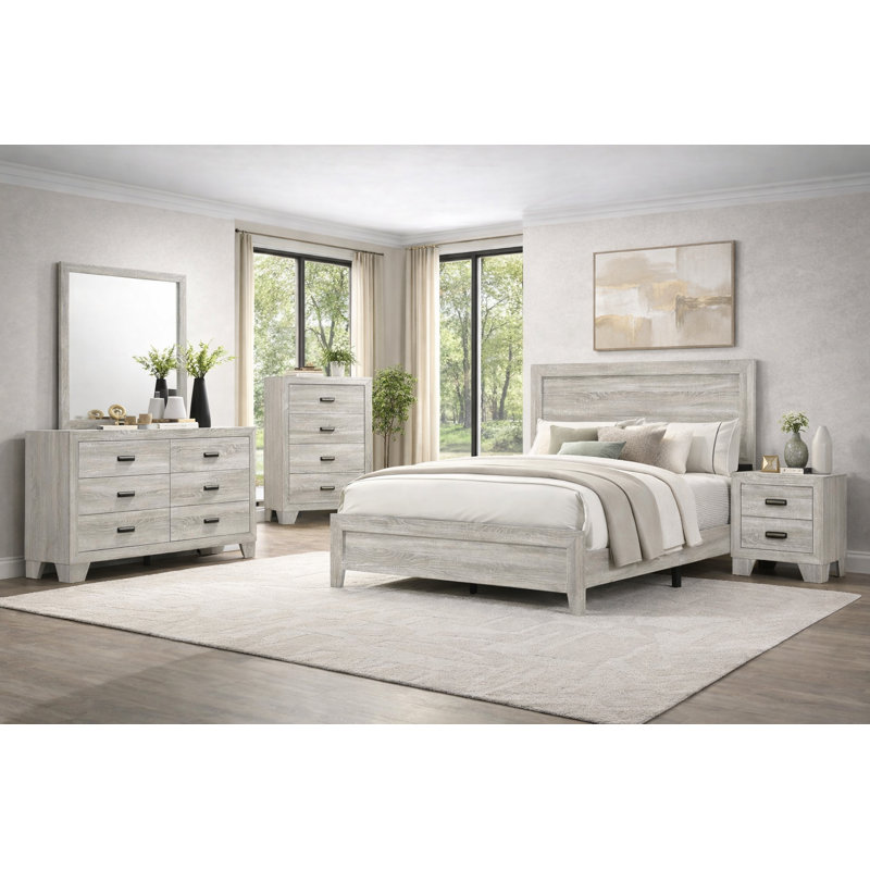 Ensemble de chambre à coucher à panneau moderne avec finition gris clair, 5 pièces, King