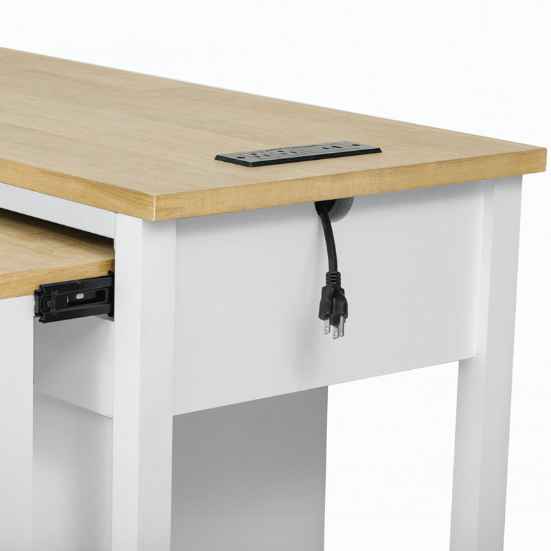47 inch Kitchen Island with Extendable Dining Table, Rubber Wood Veneer Kitchen Table with Internal Storage Rack, Power Outlet, Kitchen island with Storage 2 Drawers 2 Cabinet