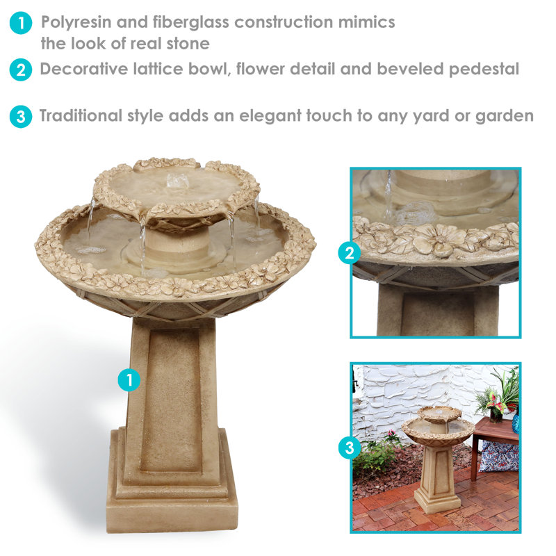 Light Brown Polyresin 2-Tier Birdbath Water Fountain