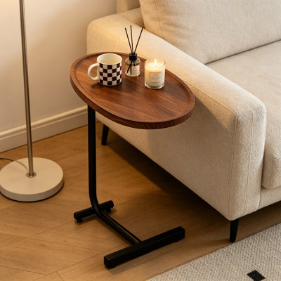 Modern C Shaped End Table with Oval Tray Top and Metal Base