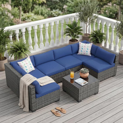 7-Piece Patio Furniture Set, Rattan Sectional Sofa with Coffee Table & Cushions, Gray Blue
