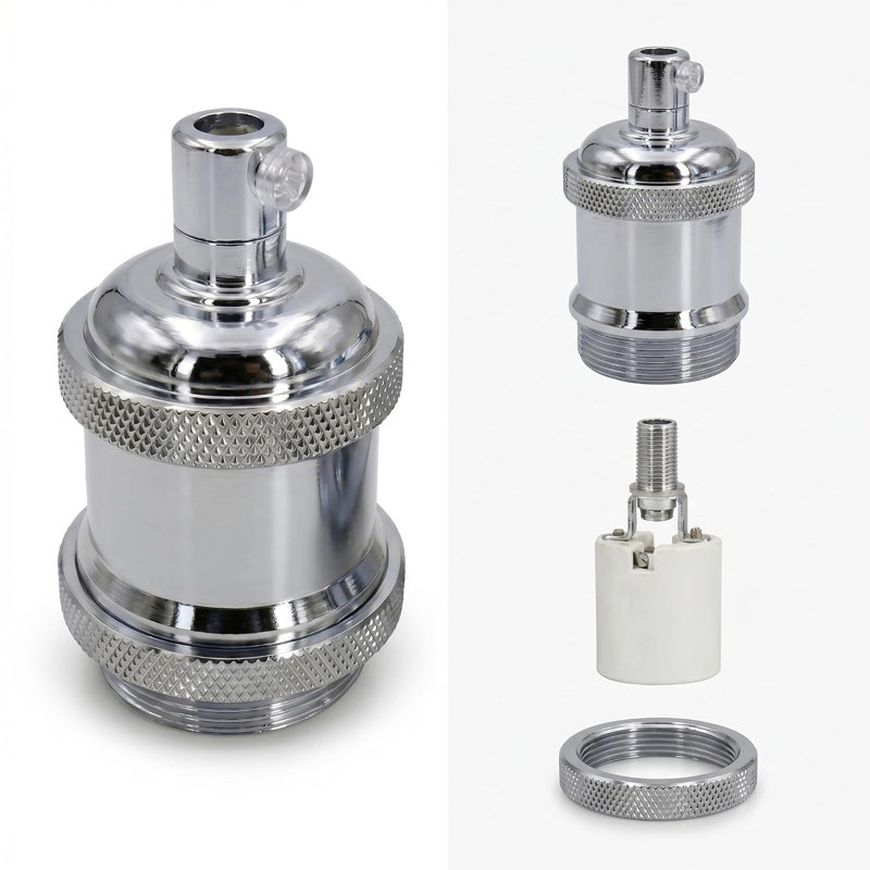 Vintage Industrial E27 Metal Lamp Holder with Shade Ring, Edison Screw Threaded Bulb Socket for DIY Pendant Lighting, Chrome