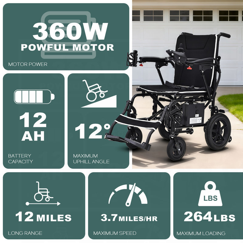 Fauteuil roulant électrique léger pour adultes et personnes âgées - Fauteuils roulants électriques pliables ultralégers de 36 lb, capacité de charge de 264 lb, longue portée de 12 mils, tout terrain, avec lumière DEL et porte-gobelet