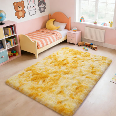 Tapis jaune super doux noué à la teinture de 5 pi x 7 pi, tapis de salon surdimensionné, tapis à poils épais, tapis touffeté moelleux pour la chambre à coucher, grand tapis douillet et pelucheux