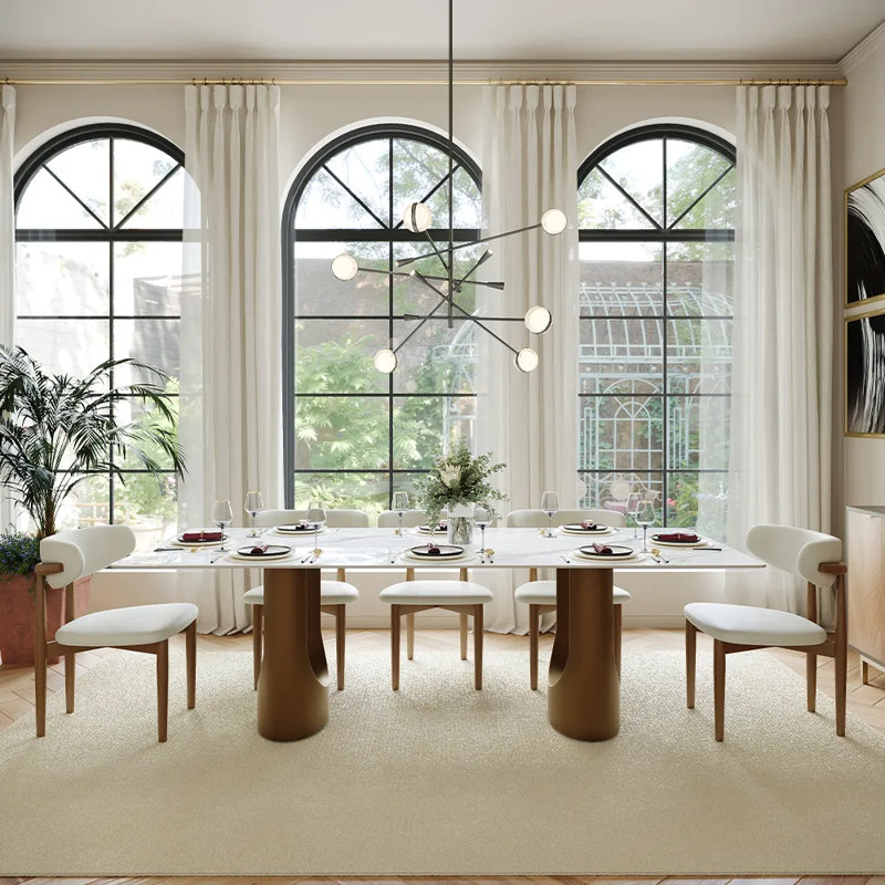 Table de salle à manger rectangulaire moderne en pierre frittée avec base à double piédestal, Blanc lustré