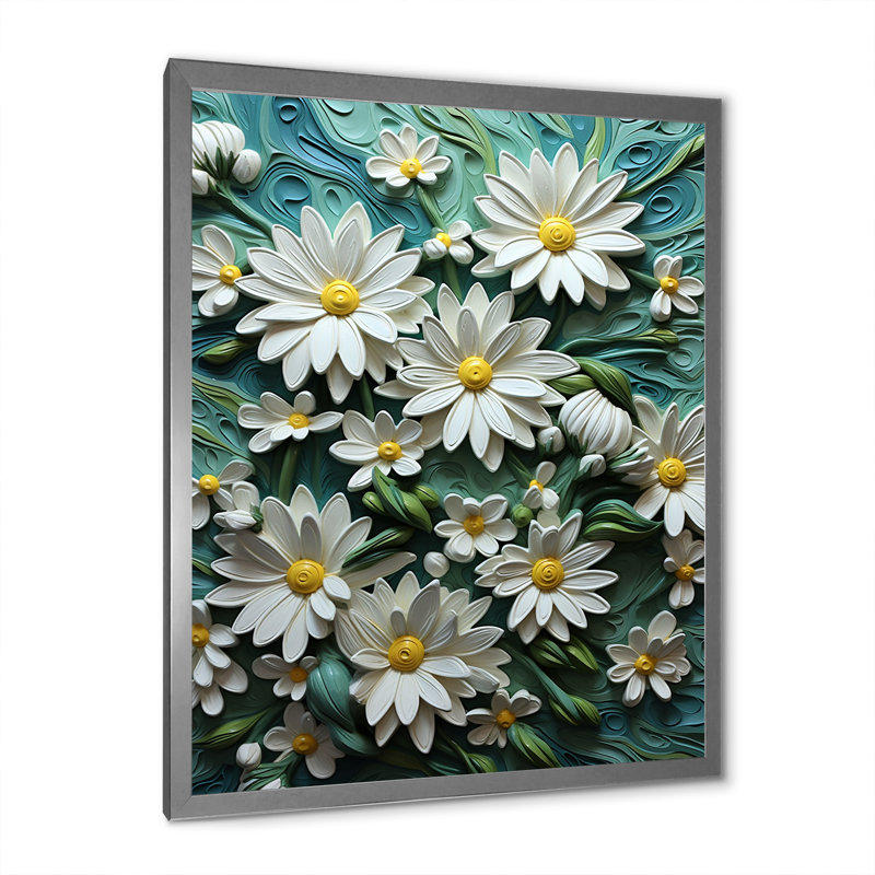 Marguerite blanche en fleurs élégance VI sur toile, Cadre simple argenté, H 40 po x l 30 po x P 1,5 po