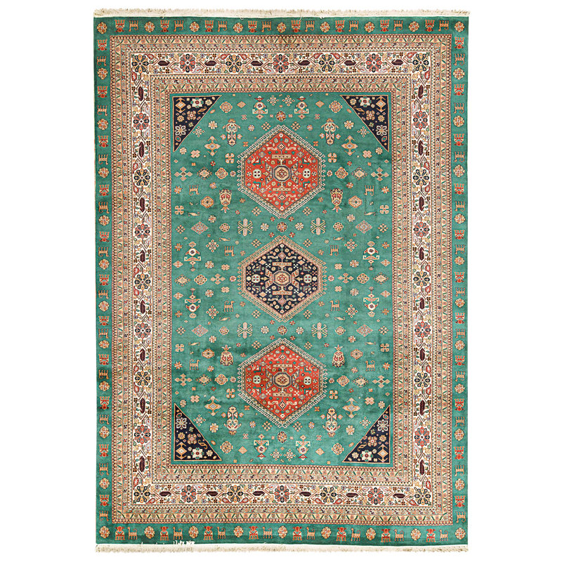 Tapis rouge et vert noué à la main de haute qualité