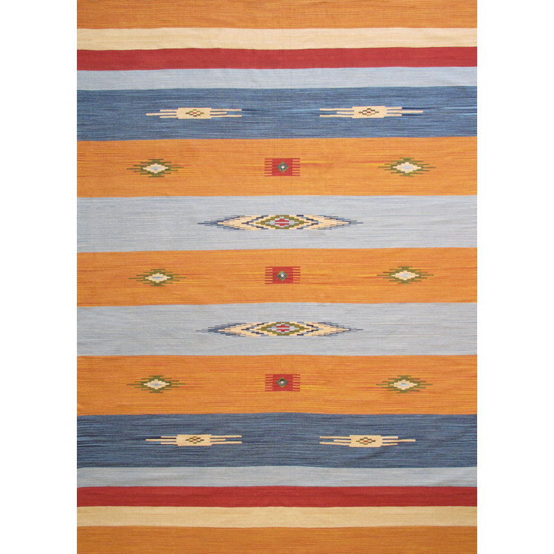 Tapis bleu / orange en coton noué à la main Anatolian, Rectangle 6 pi x 9 pi